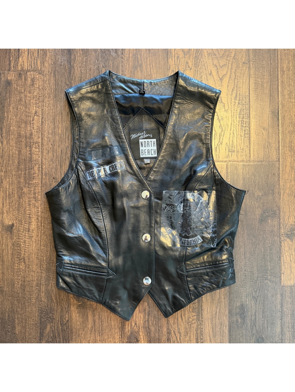 Michael Hoban North Beach Leather Vest Women 11/12 Black Biker Reaper Crew Vtg